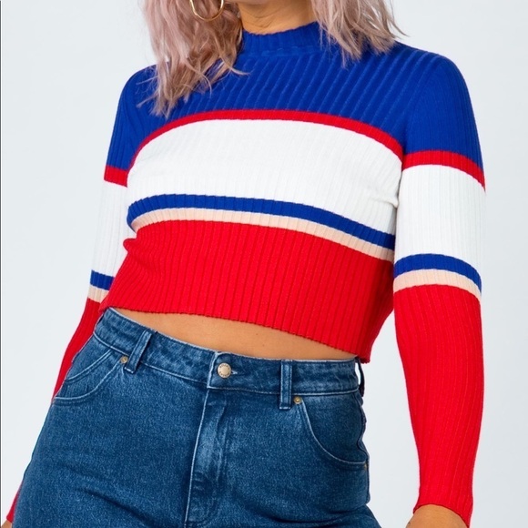 NWT Twiin Play Off Skivvy Crop Sweater Red White Blue Striped - Picture 3 of 11